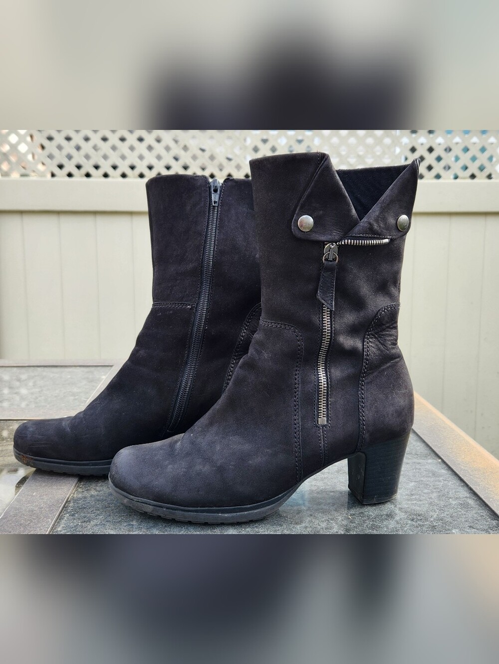 Gabor Women Black Suede Heeled Boots  Dual Side Zippers Snaps Sz 9 Biker